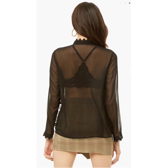 Floral Lace Layered Chiffon Blouse EUC M High Neck Sheer Boho Workwear Party - Picture 3 of 4